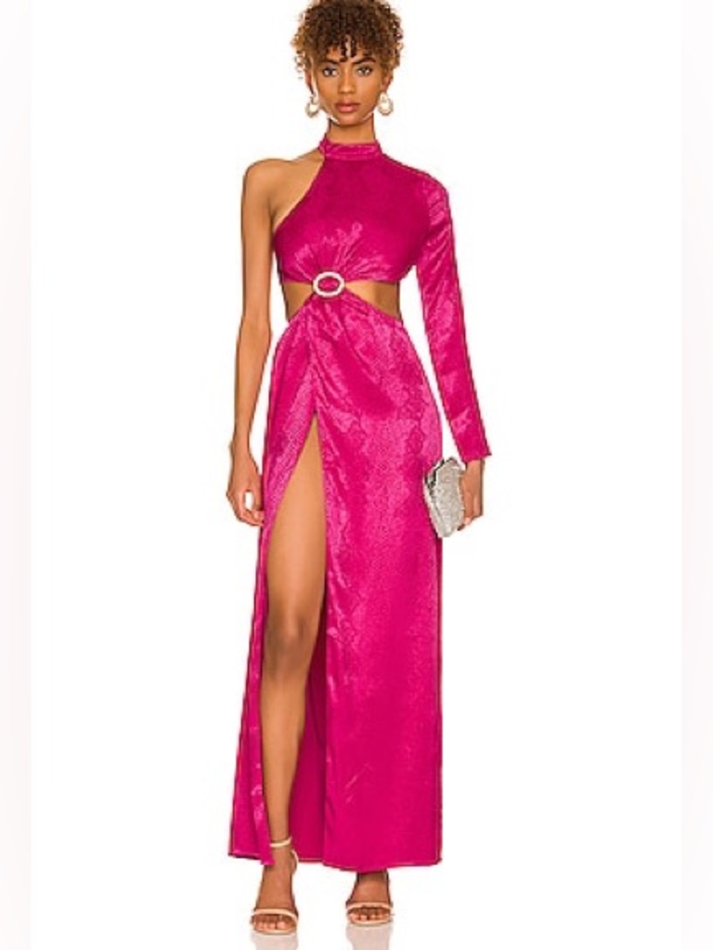 NBD REVOLVE Raquel Gown in Fuchsia Purple Asymmetric Cut Out Snakeskin Satin XS